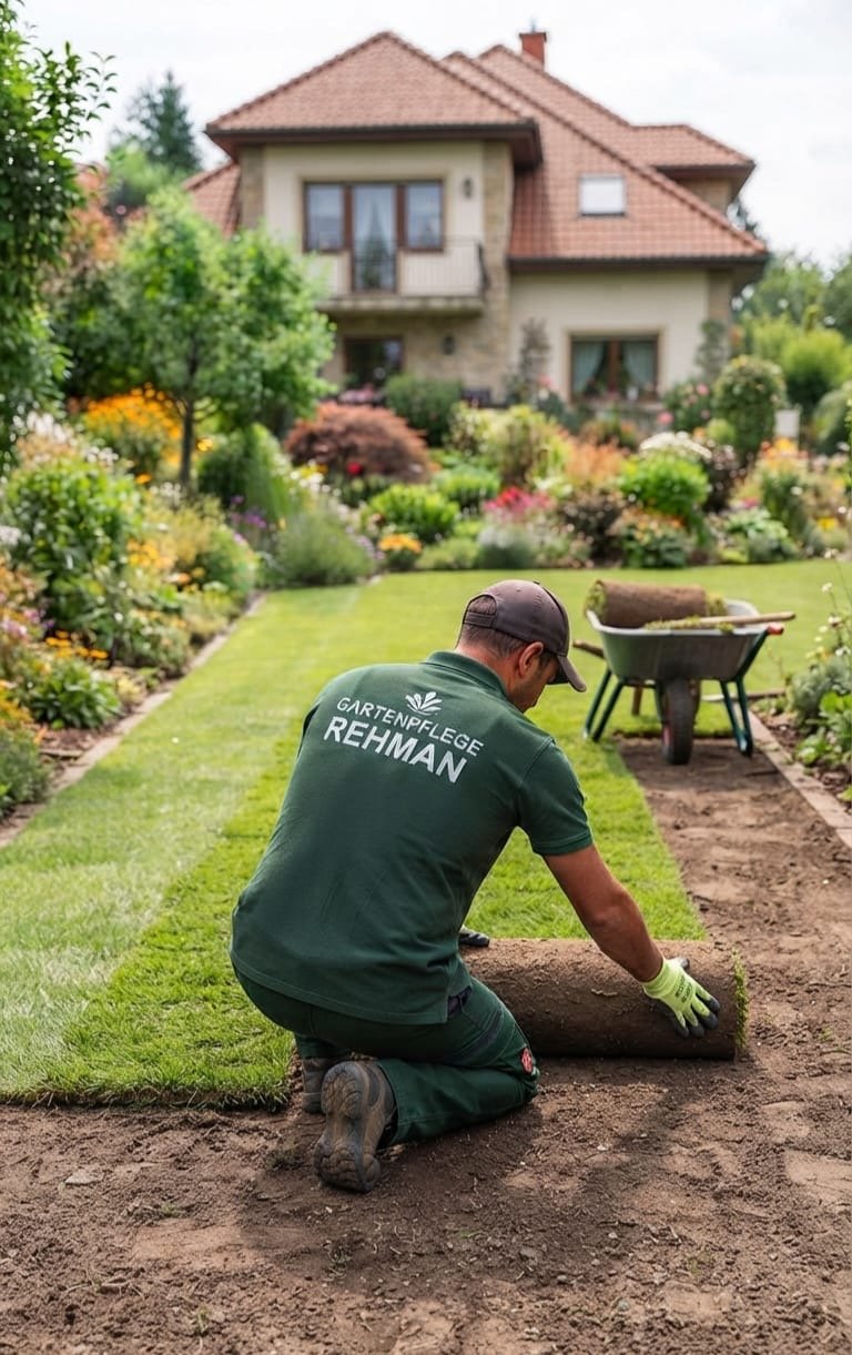 Mitarbeiter von Gartenpflege Rehman verlegt Rollrasen im Garten eines Einfamilienhauses