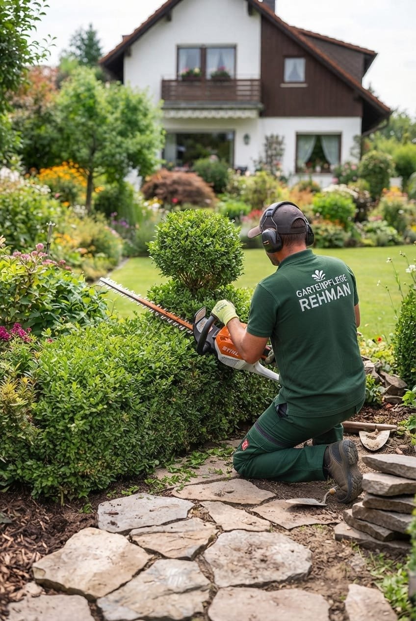 Mitarbeiter von Gartenpflege Rehman beim Heckenschnitt mit Akku-Heckenschere