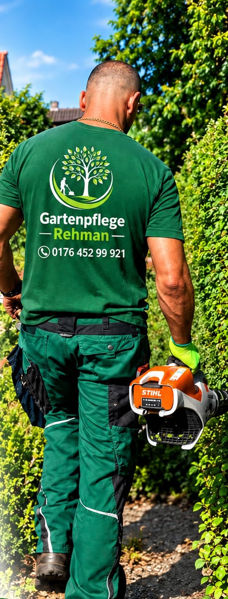 Mitarbeiter von Gartenpflege Rehman auf dem Weg zum nächsten Einsatz mit Akku-Heckenschere